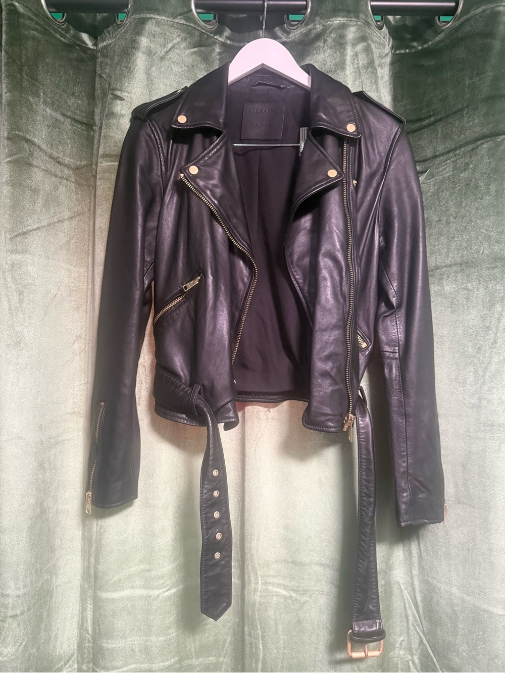 AllSaints Black Leather Moto Jacket with Gold Hardware